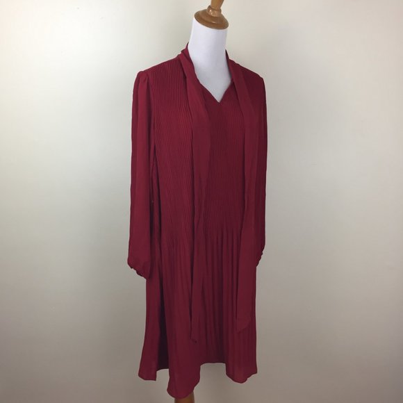 NWT NANETTE LEPORE Heritage Red Pleats Tie Collar Long Sleeve Dress - Picture 7 of 8
